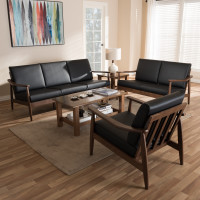 Baxton Studio Venza-Black/Walnut Brown-3PC-Set Venza Mid-Century Modern Walnut Wood Black Faux Leather 3-Piece Livingroom Set